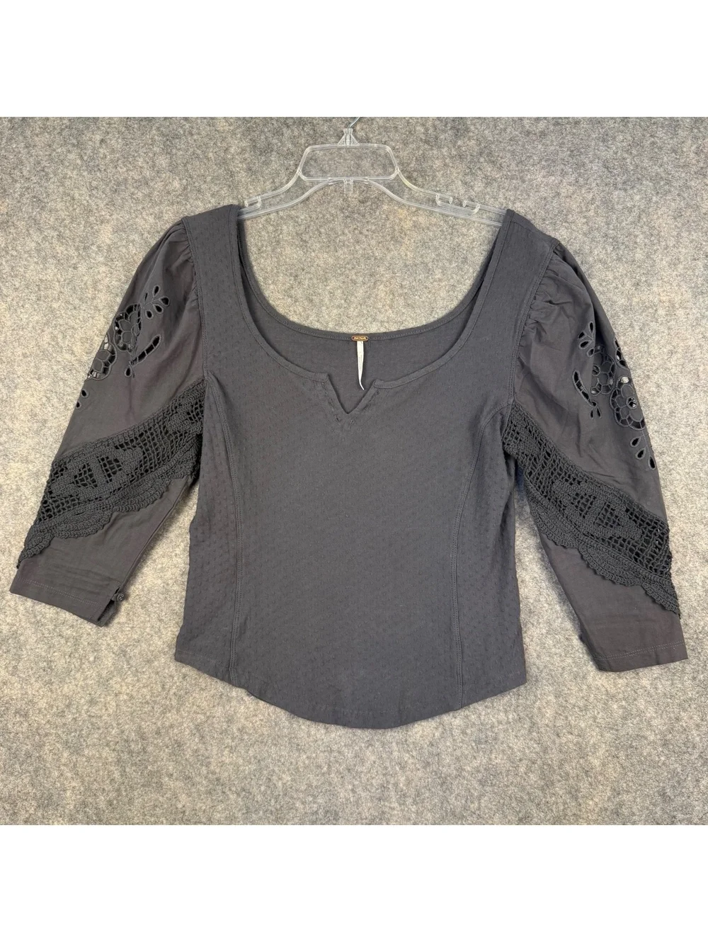 Free People 3/4 Sleeve Top Notch Neck Dark Gray Lace Insets Women Small 823
